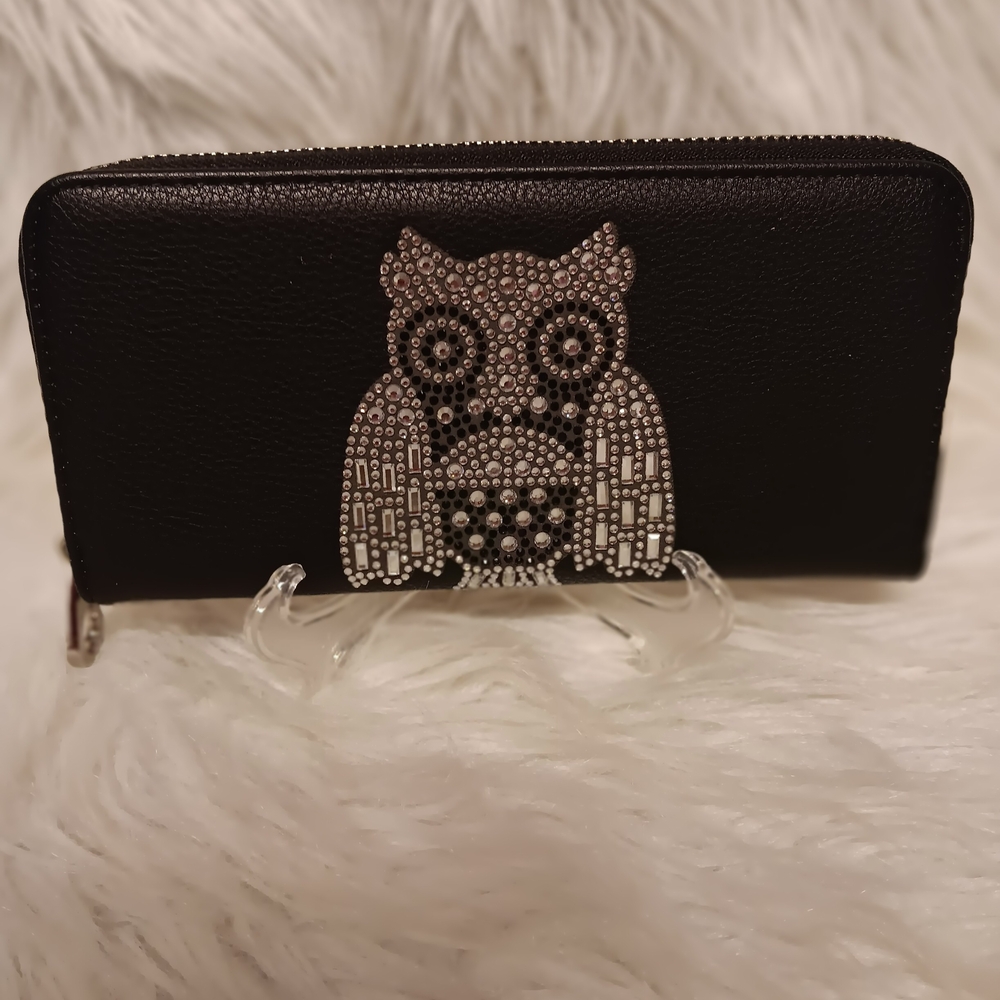 Black Rhinestone Owl Embellished Women's Accordion Wallet